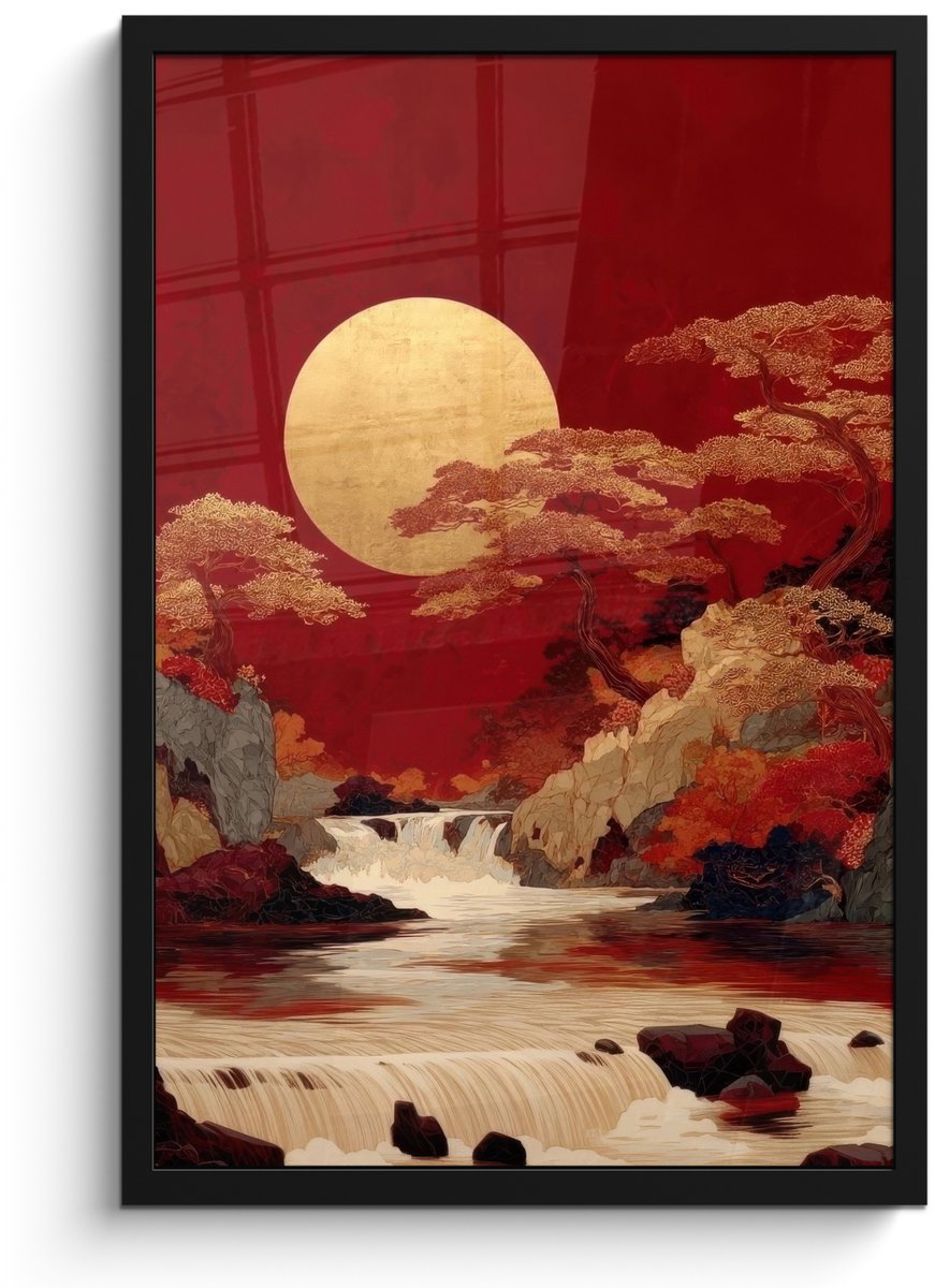 FrameYourWall Poster in lijst - Fotolijst 40x60 cm - Posters - Volle maan - Landschap - Waterval - Posterlijst zwart - Decoratie - Wanddecoratie woonkamer - Muurdecoratie slaapkamer