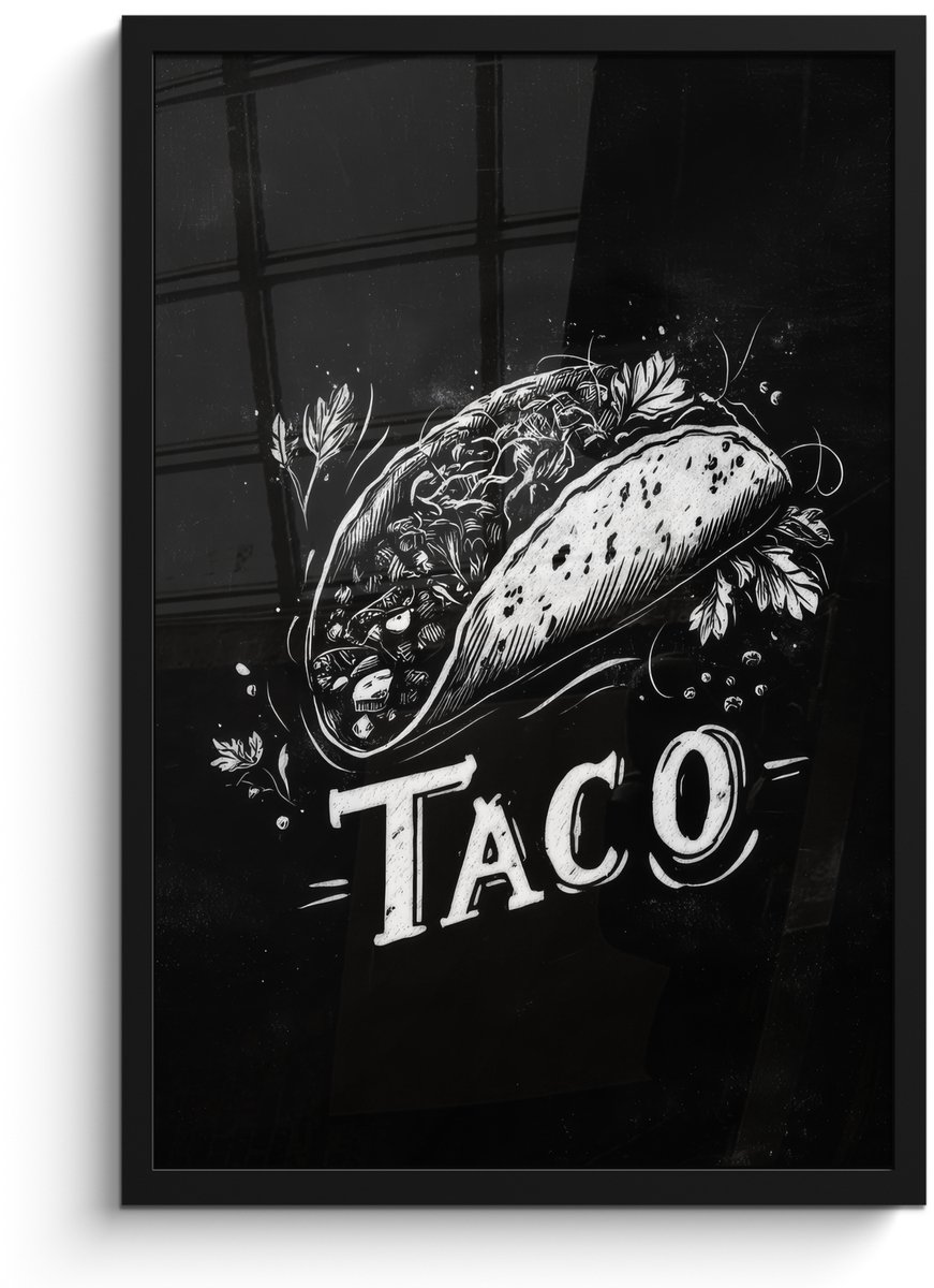 FrameYourWall Poster in lijst - Fotolijst 40x60 cm - Posters - Taco - Kruiden - Witte krijtstijl - Tekst - Posterlijst zwart - Decoratie - Wanddecoratie woonkamer - Muurdecoratie slaapkamer
