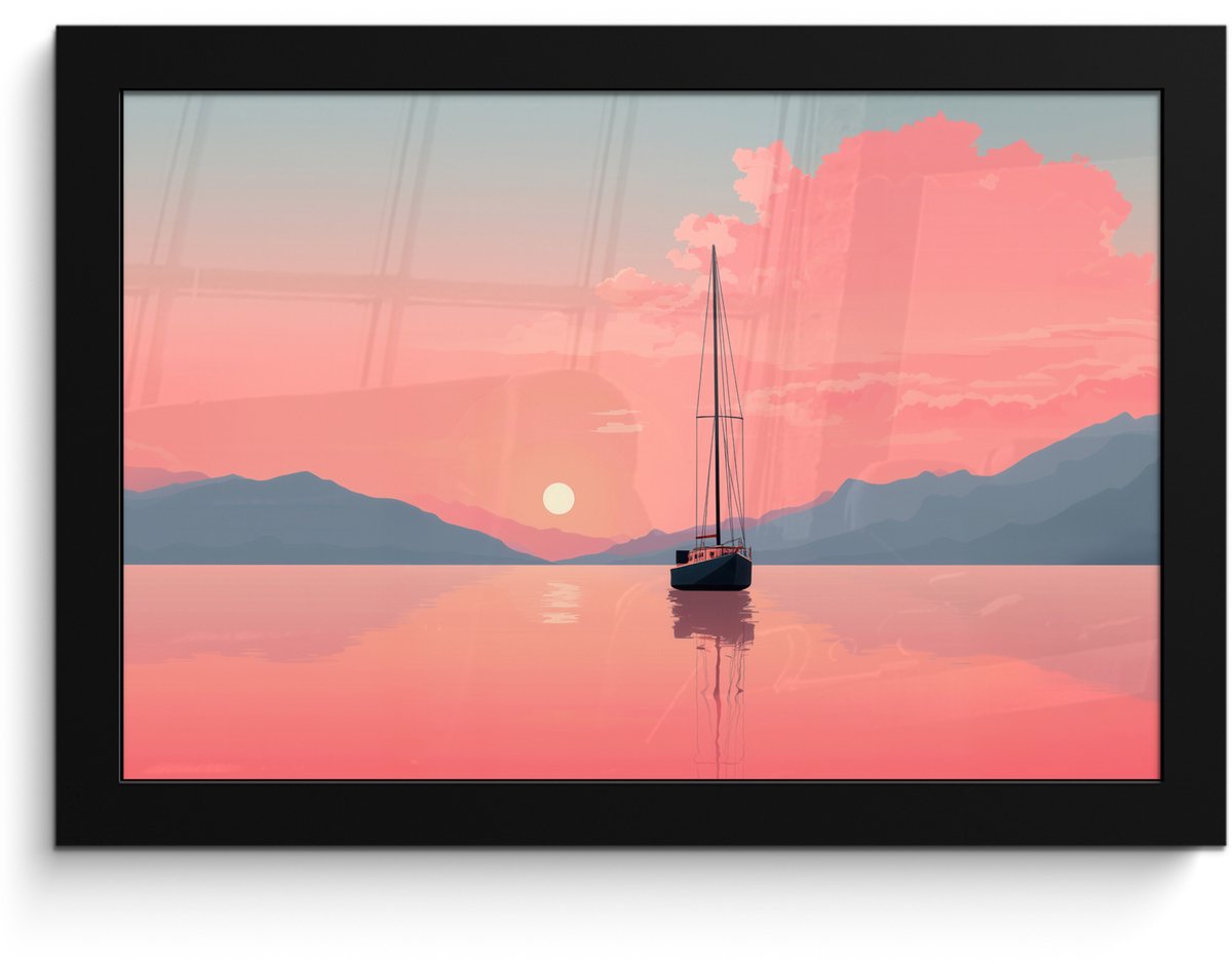 FrameYourWall Poster in lijst - Fotolijst 30x20 cm - Posters - Zeilboot - Roze zee - Zonsondergang - Bergen - Posterlijst zwart - Decoratie - Wanddecoratie woonkamer - Muurdecoratie slaapkamer Zeilboot - Zee - Bergen
