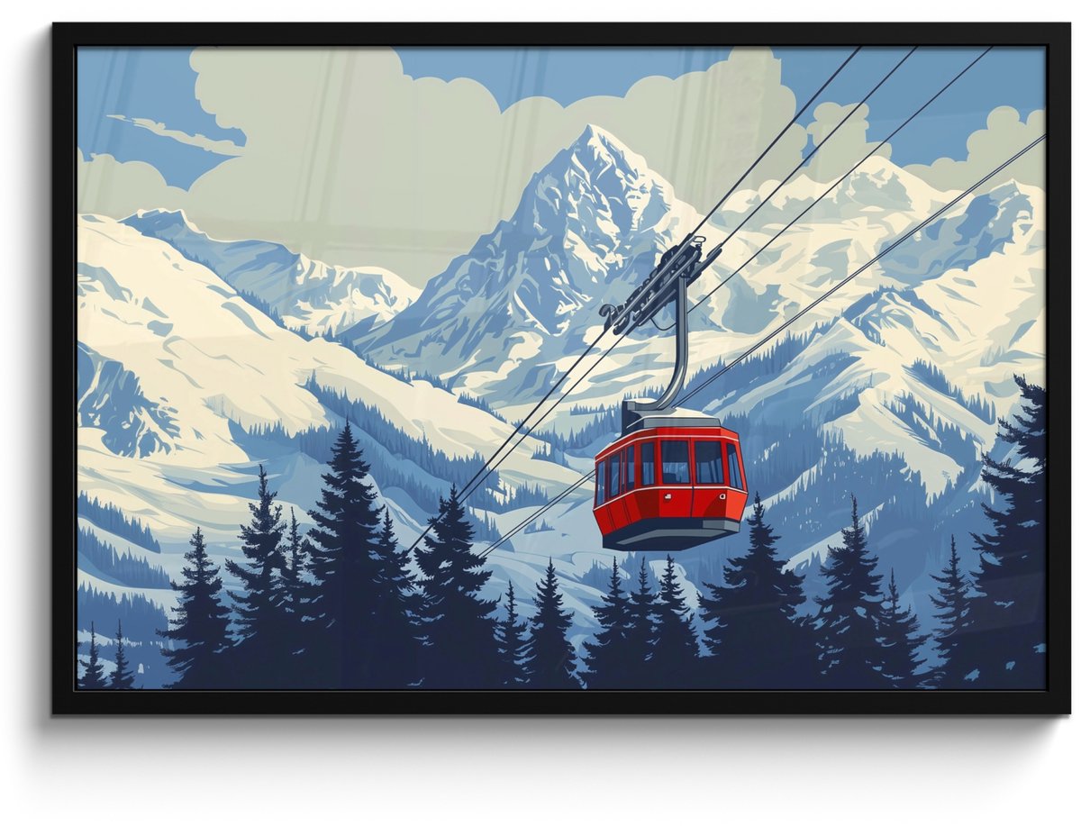 FrameYourWall Poster in lijst - Fotolijst 90x60 cm - Posters - Kabelbaan - Sneeuw - Berglandschap - Posterlijst zwart - Decoratie - Wanddecoratie woonkamer - Muurdecoratie slaapkamer Kabelbaan - Bergen - Sneeuw