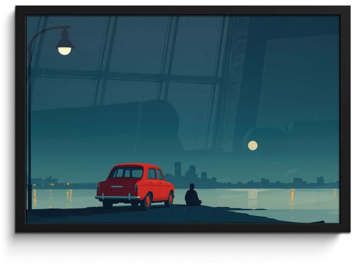 FrameYourWall Poster in lijst - Fotolijst 60x40 cm - Posters - Auto - Volle maan - Uitkijkend over water - Posterlijst zwart - Decoratie - Wanddecoratie woonkamer - Muurdecoratie slaapkamer Water - Maan