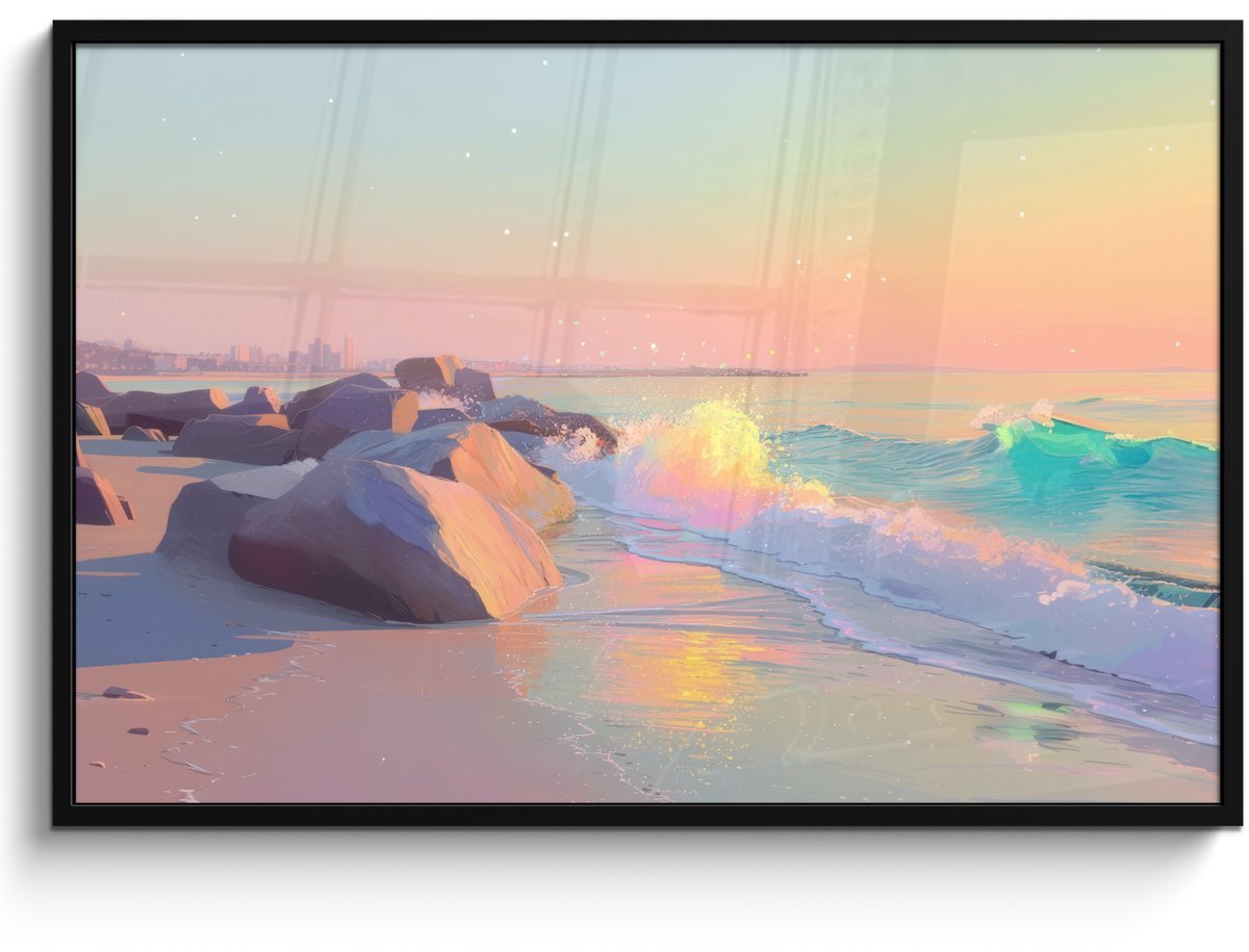 FrameYourWall Poster in lijst - Fotolijst 120x80 cm - Posters - Zomerlicht - Strand - Fonkelende accenten - Posterlijst zwart - Decoratie - Wanddecoratie woonkamer - Muurdecoratie slaapkamer Strand - Zee - Stad