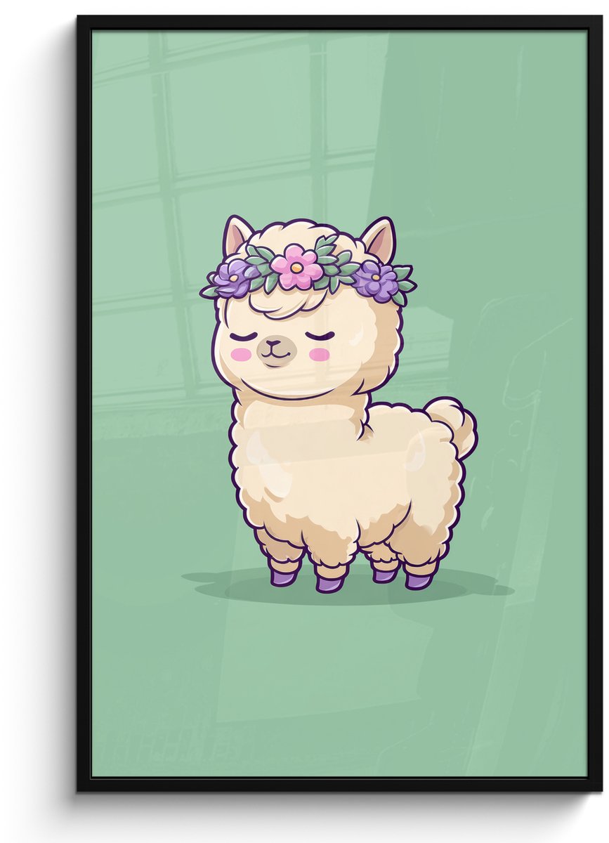 FrameYourWall Poster in lijst - Fotolijst 80x120 cm - Posters - Alpaca - Groen - Bloemendiadeem - Posterlijst zwart - Decoratie - Wanddecoratie woonkamer - Muurdecoratie slaapkamer