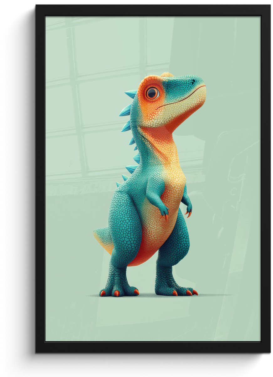 FrameYourWall Poster in lijst - Fotolijst 40x60 cm - Posters - Cartoon - Dino - Oranje - Stekels - Posterlijst zwart - Decoratie - Wanddecoratie woonkamer - Muurdecoratie slaapkamer