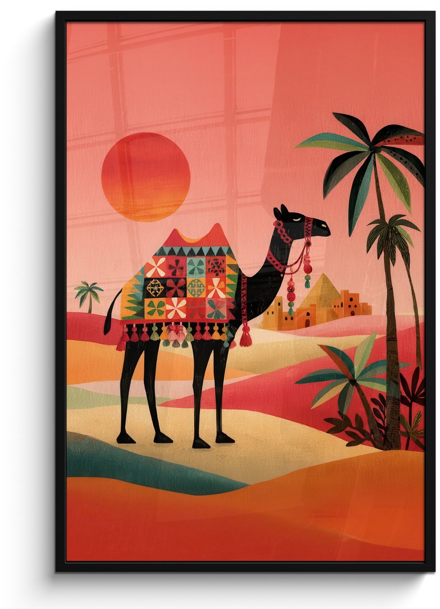 FrameYourWall Poster in lijst - Fotolijst 80x120 cm - Posters - Kameel - Gekleurd tapijt - Duinen - Rode zon - Posterlijst zwart - Decoratie - Wanddecoratie woonkamer - Muurdecoratie slaapkamer Kameel - Duinen - Zon