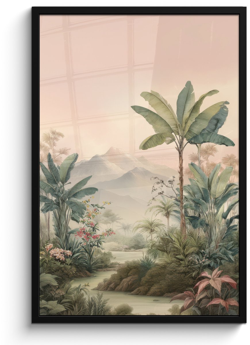 FrameYourWall Poster in lijst - Fotolijst 60x90 cm - Posters - Tropisch landschap - palmbomen - Bloemen - Roze lucht - Posterlijst zwart - Decoratie - Wanddecoratie woonkamer - Muurdecoratie slaapkamer Tropisch - Landschap
