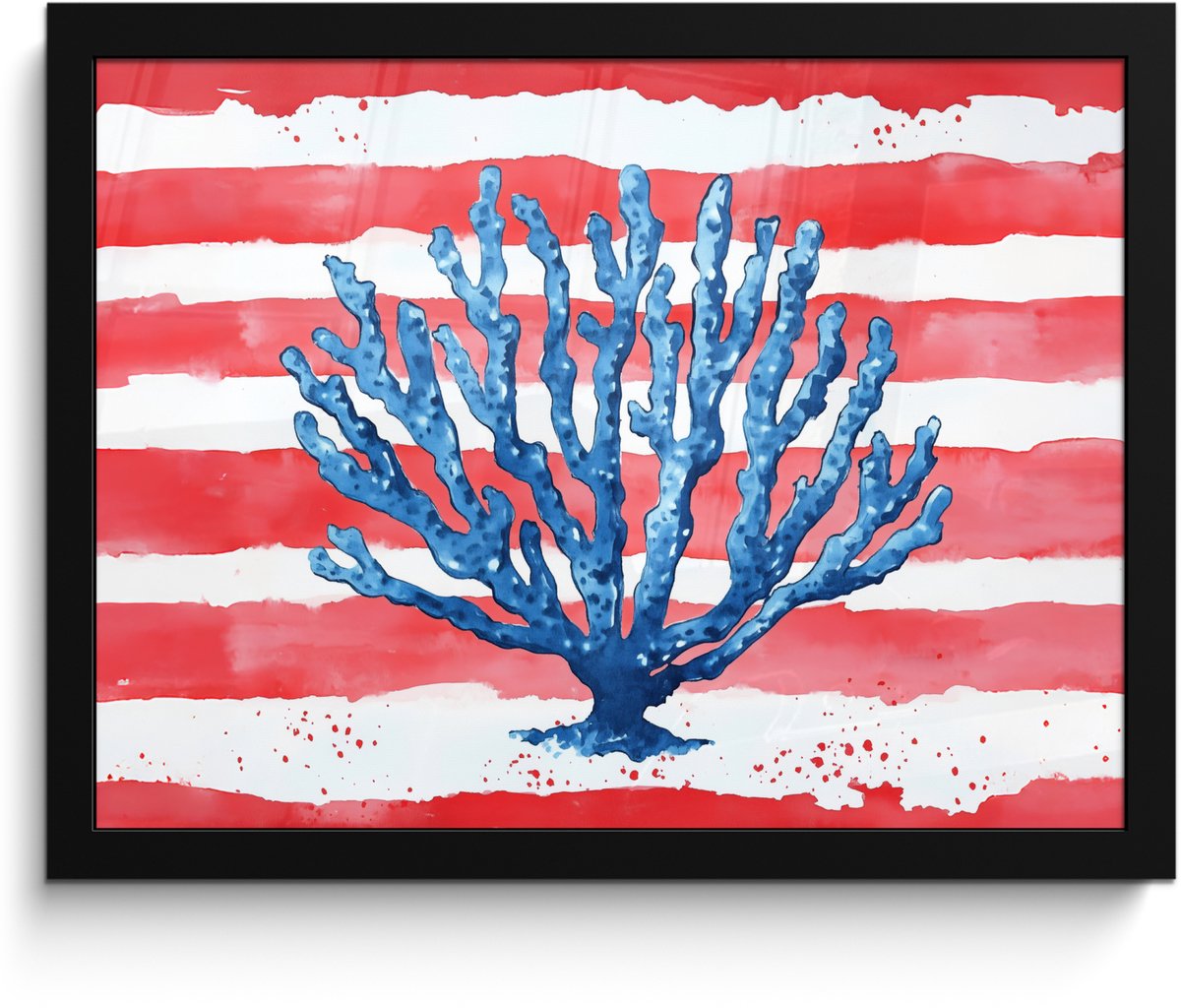 FrameYourWall Poster in lijst - Fotolijst 40x30 cm - Posters - Koraal - Verfstructuur - Rood - Blauw - Posterlijst zwart - Decoratie - Wanddecoratie woonkamer - Muurdecoratie slaapkamer Koraal - Strepen