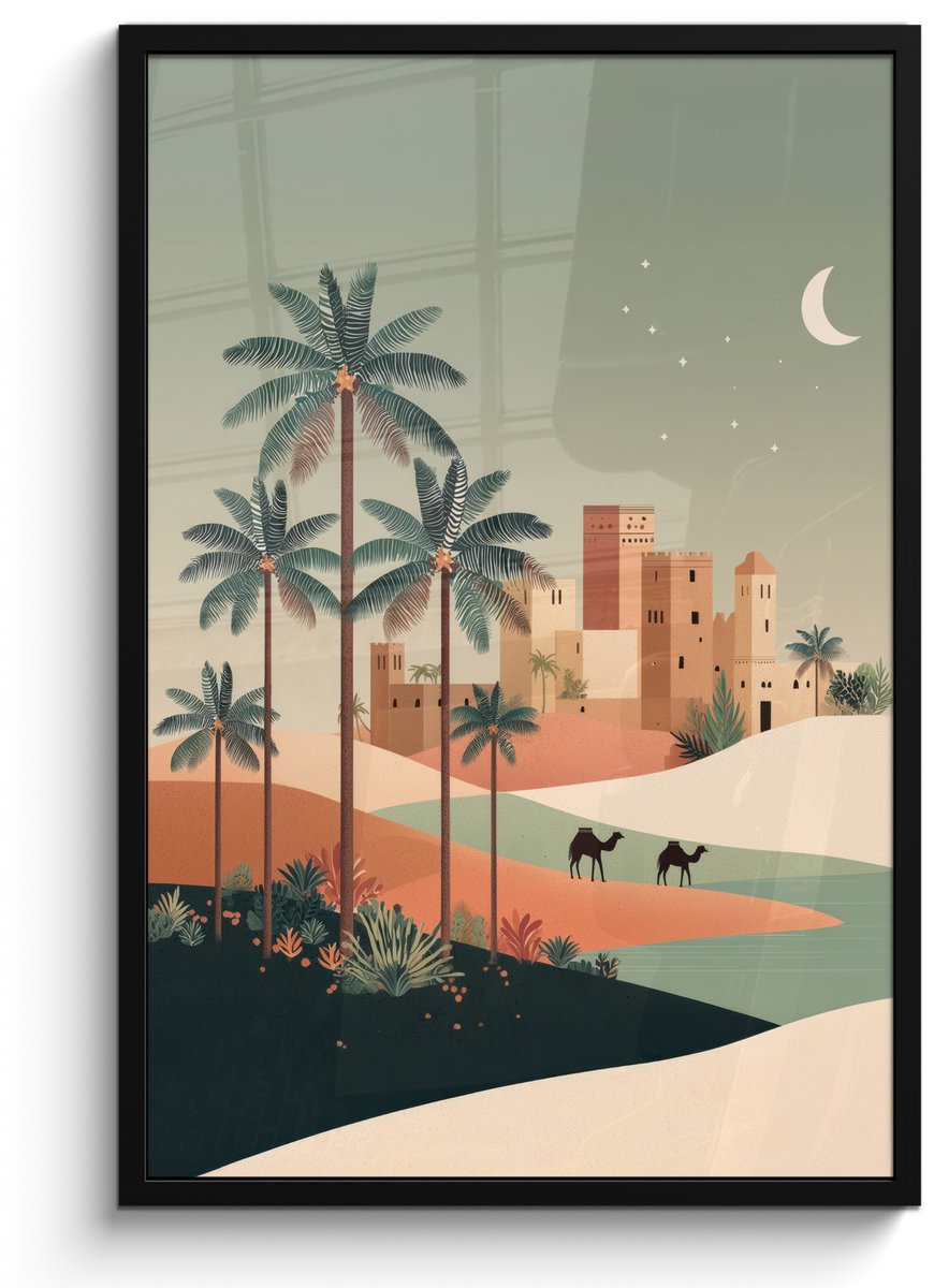 FrameYourWall Poster in lijst - Fotolijst 60x90 cm - Posters - Nachtlandschap - Kamelen - Sterren - zandduinden - Posterlijst zwart - Decoratie - Wanddecoratie woonkamer - Muurdecoratie slaapkamer