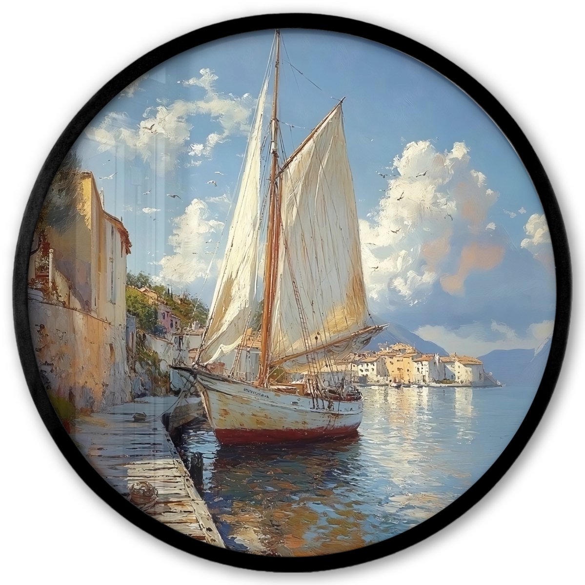 FrameYourWall Poster in lijst Rond - Fotolijst 40x40 cm - Posters - Zeilschip - Huizen - Kade - Zee - Ronde posterlijst zwart - Decoratie - Wanddecoratie woonkamer - Muurdecoratie slaapkamer Zeilschip - Huizen - Zee