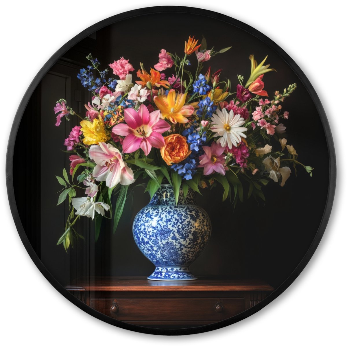 FrameYourWall Poster in lijst Rond - Fotolijst 60x60 cm - Posters - Kleur - Vaas - Bloemen - Boeket - Ronde posterlijst zwart - Decoratie - Wanddecoratie woonkamer - Muurdecoratie slaapkamer Bloemen - Kleurrijk