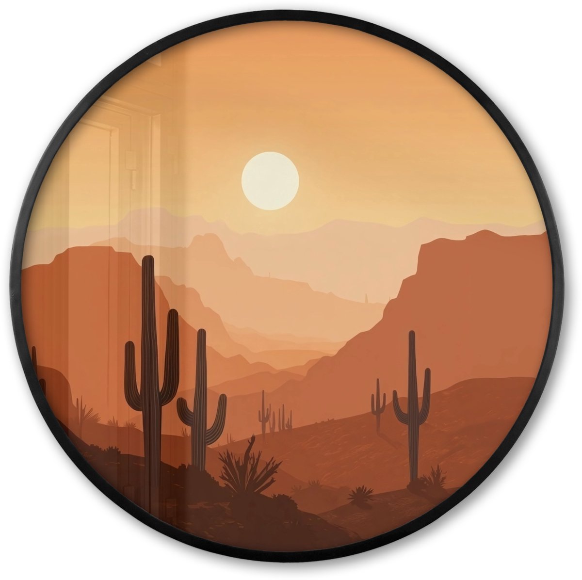 FrameYourWall Poster in lijst Rond - Fotolijst 80x80 cm - Posters - Landschap - Woestijn - Cactussen - Zon - Ronde posterlijst zwart - Decoratie - Wanddecoratie woonkamer - Muurdecoratie slaapkamer