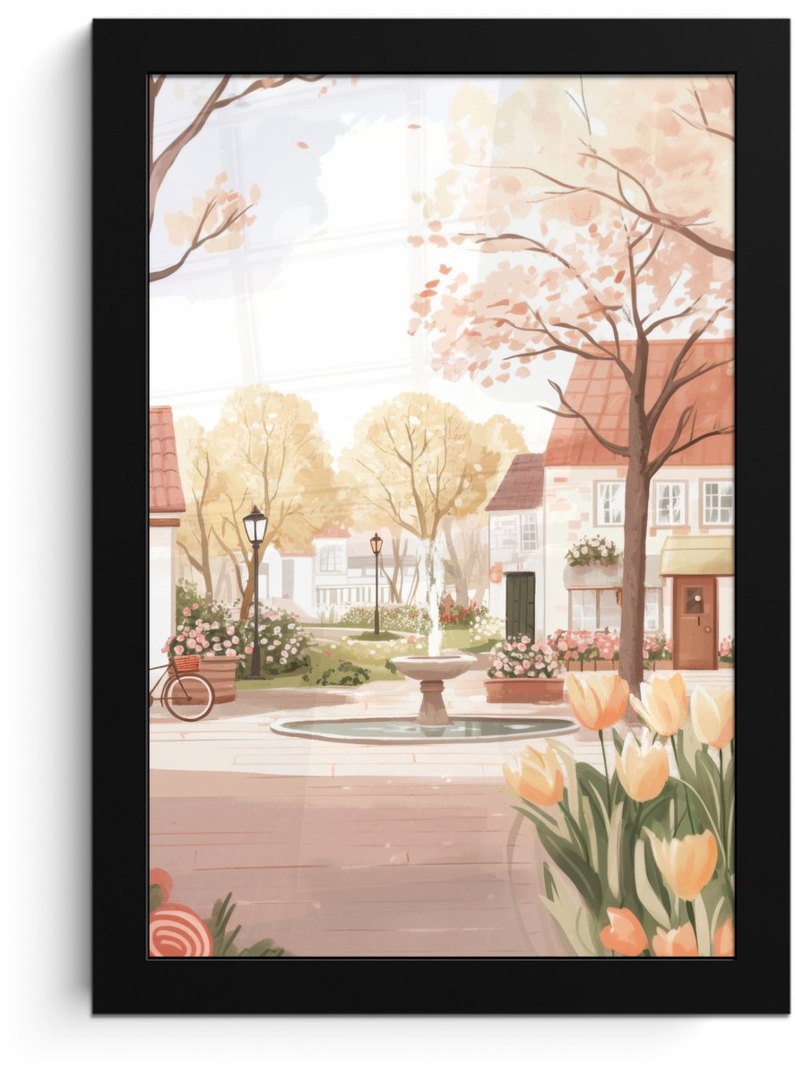 Poster in lijst - Fotolijst 20x30 cm - Posters - Dorpsplein - Fontein - Tulpen - Posterlij