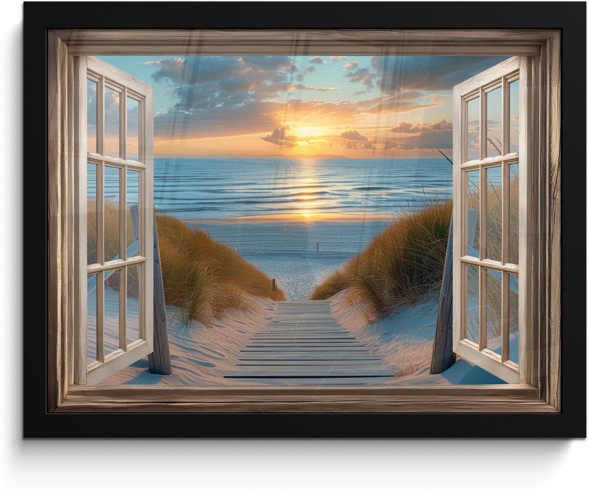 FrameYourWall Poster in lijst - Fotolijst 40x30 cm - Posters - Doorkijk - Strand - Pad - Zonsondergang - Posterlijst zwart - Decoratie - Wanddecoratie woonkamer - Muurdecoratie slaapkamer Zonsondergang - Zee