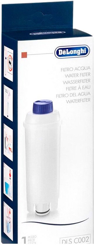 De'Longhi waterfilter DLSC002 in verpakking, met de filter zelf zichtbaar.