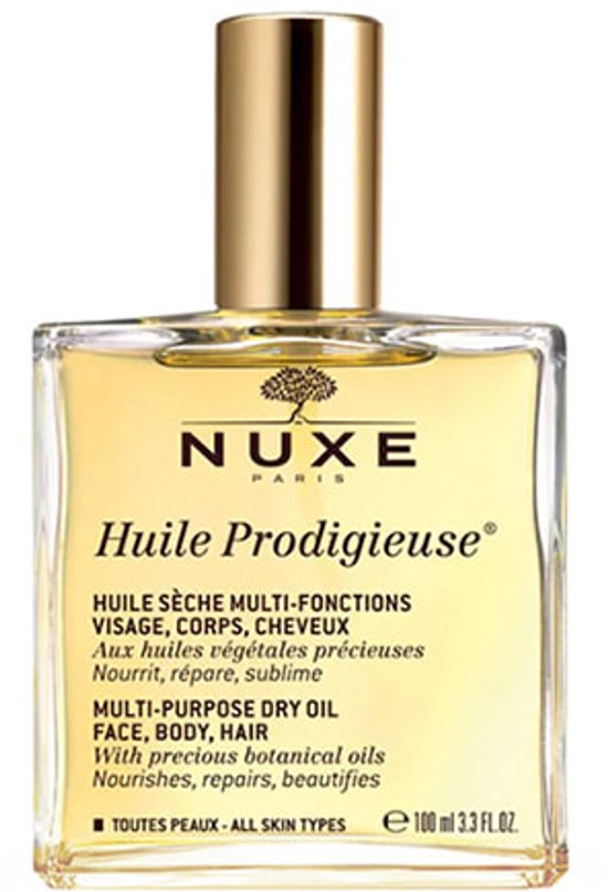 Nuxe Huile Prodigieuse multi-purpose dry oil in een glazen fles met gouden dop. 100 ml.