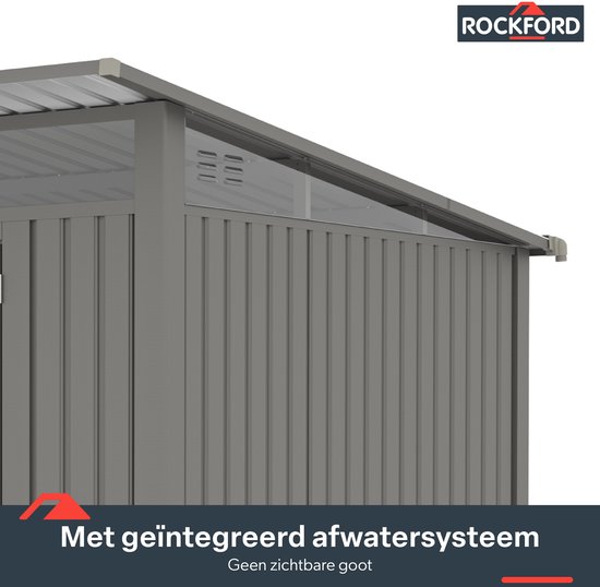 Rockford Porto 200 metalen tuinhuis met lessenaarsdak - Tuinschuur met centraal slot, polycarbonaat ramen en regenpijpen - 232 x 254 cm - Grijs