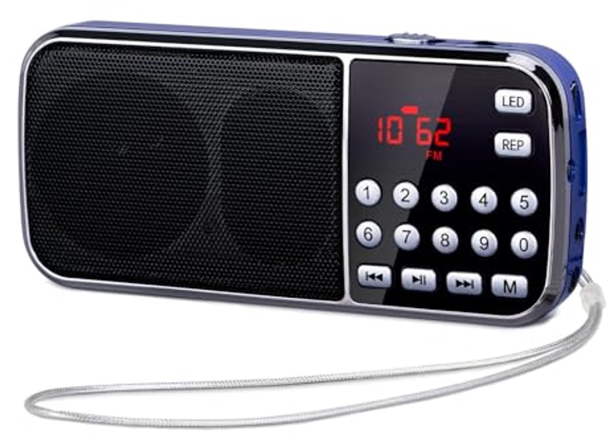Draagbare FM Radio met Dubbele Luidsprekers, Oplaadbare 1200mAh Batterij en LED Zaklamp