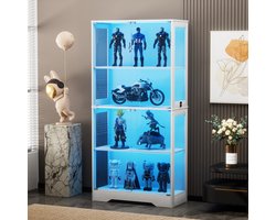 Pugsdrly Vitrinekast van gehard glas met bewegingssensorverlichting 3CCT, vitrinekast met 4 niveaus voor verzamelobjecten, opbergrek met glazen deuren, boekenkast, vitrinekast, wit