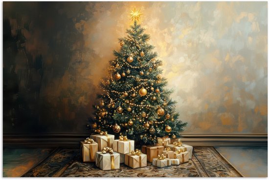 Poster 120x80 cm - Kerstboom - Cadeaus - Goud - Posters - Kamer decoratie - Wanddecoratie woonkamer - Muurdecoratie slaapkamer - Kerstversiering - Kerstdecoratie voor binnen - Kerstmis