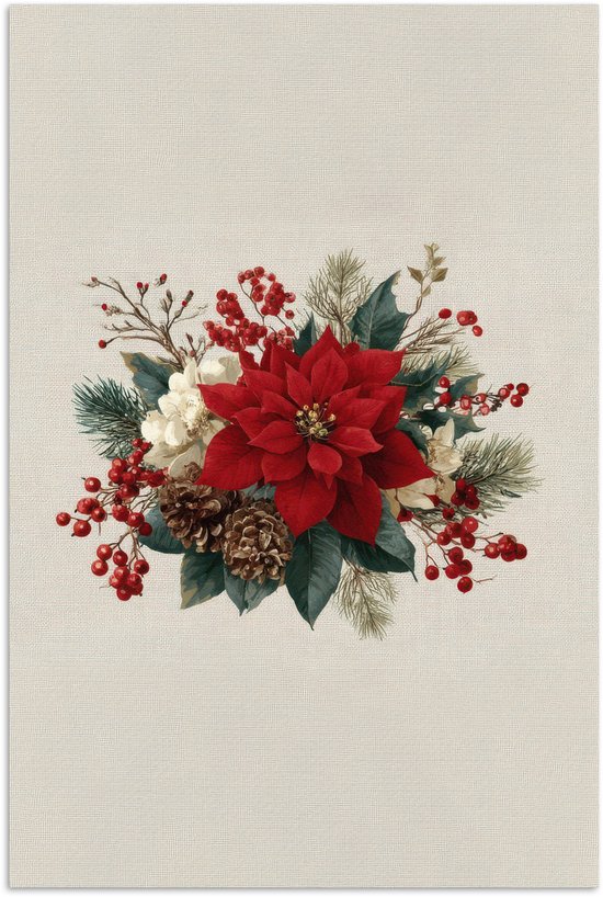 Poster 80x120 cm - Kerststuk - Poinsettia - Dennenappels - Rood - Posters - Kamer decoratie - Wanddecoratie woonkamer - Muurdecoratie slaapkamer - Kerstversiering - Kerstdecoratie voor binnen - Kerstmis