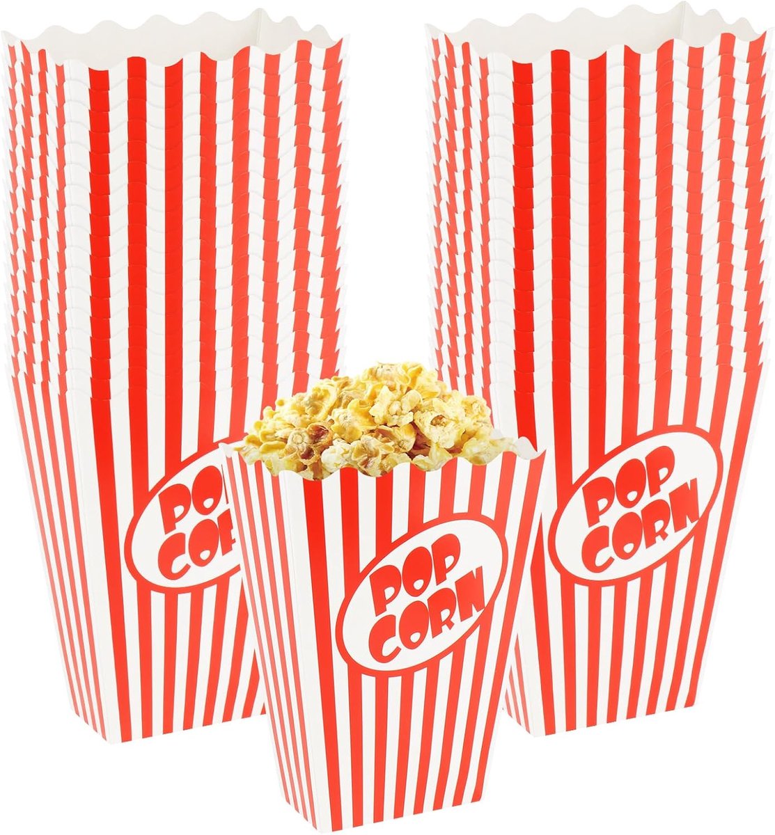 Pack van 35 Popcorn Tassen - Cinema Accessoires - Popcorn Containers voor Cinema Movie Night - Kids Verjaardagsfeest en Overnachtingsfeest - 10.5 x 5.5 x 14 cm - Rood/Wit Gestreept