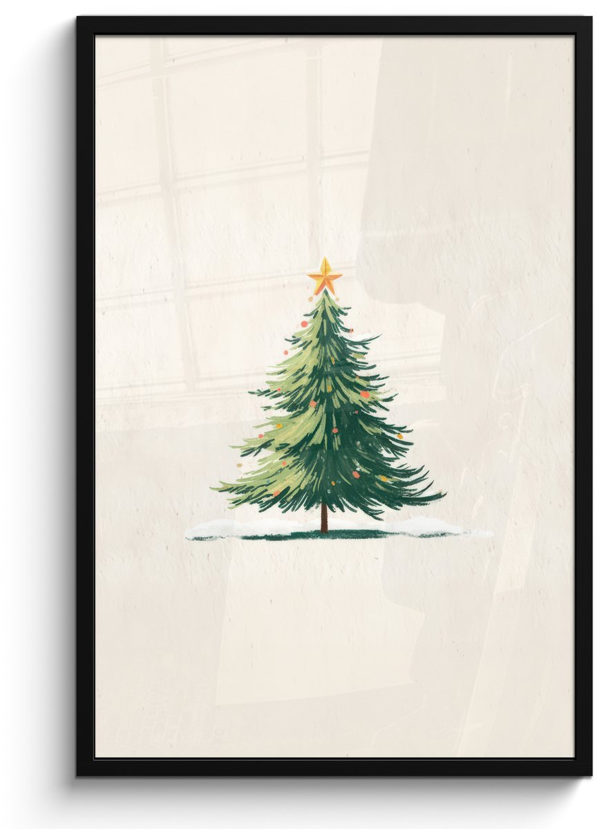 FrameYourWall Poster in lijst - Fotolijst 60x90 cm - Posters - Kerstboom - Illustratie - Ster - Sneeuw - Posterlijst zwart - Decoratie - Wanddecoratie woonkamer - Muurdecoratie slaapkamer - Kerstversiering - Kerstdecoratie voor binnen - Kerstmis