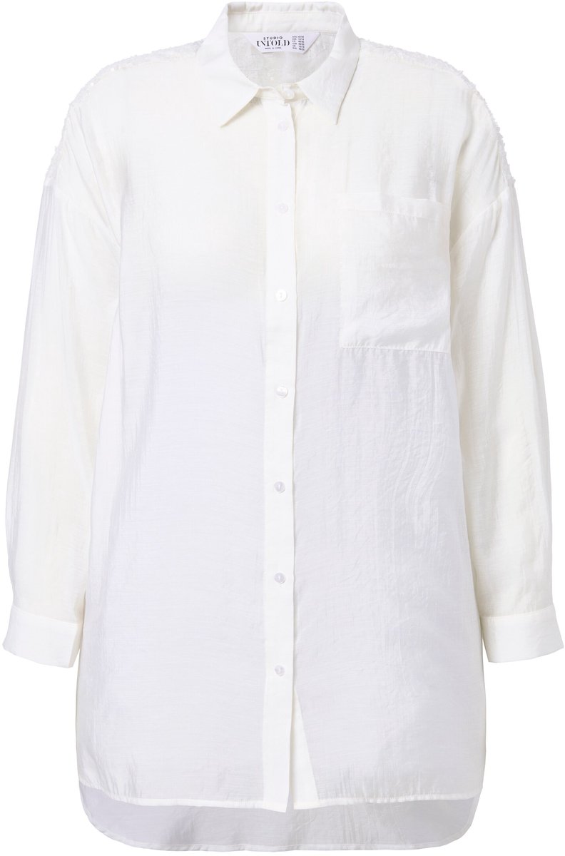 Studio Untold - Dames - Blouse oversized franje en pailletten op de schouders - Off-white - Maat 50+
