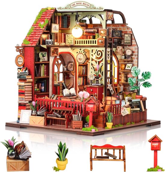 DIY Miniature House Dollhouse - Wooden Dollhouse met LED - Klein Bouwpakket voor Volwassenen om te Bouwen - Uniek Cadeau voor Verjaardag en Kerst (Bookhouse)