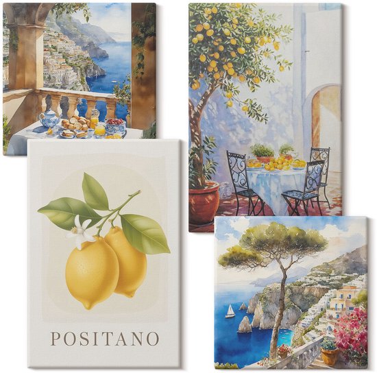Set de 4 Peintures Wallfluent - Vue de Positano aux citrons - Architecture Set - Set de 4 Peintures multicolores - Set