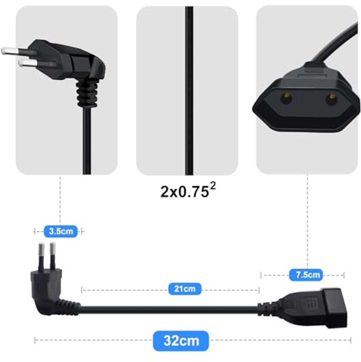 Verlengkabel 2,5A 250V 625W 90 Graden Plat Eurostekker 0.3m