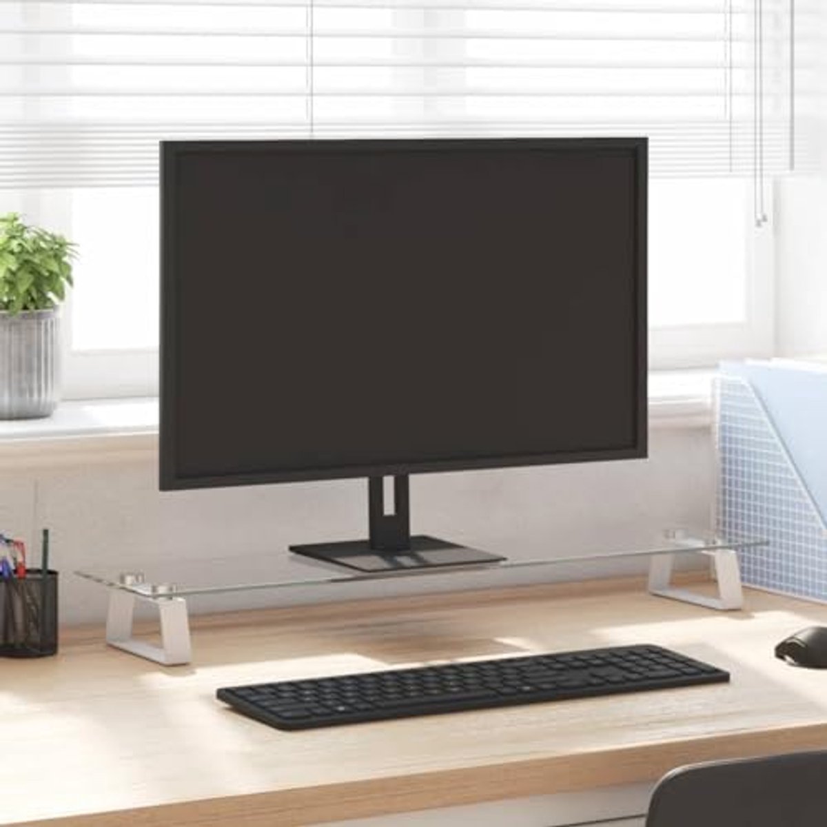 Minimalistische Monitor Stand 80x20x8cm van Gelaagd Glas en Metaal