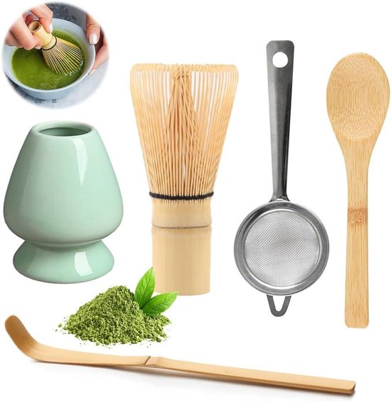 Matcha set van bezem, kom, lepel en bezemhouder - handgemaakte cadeauset voor de