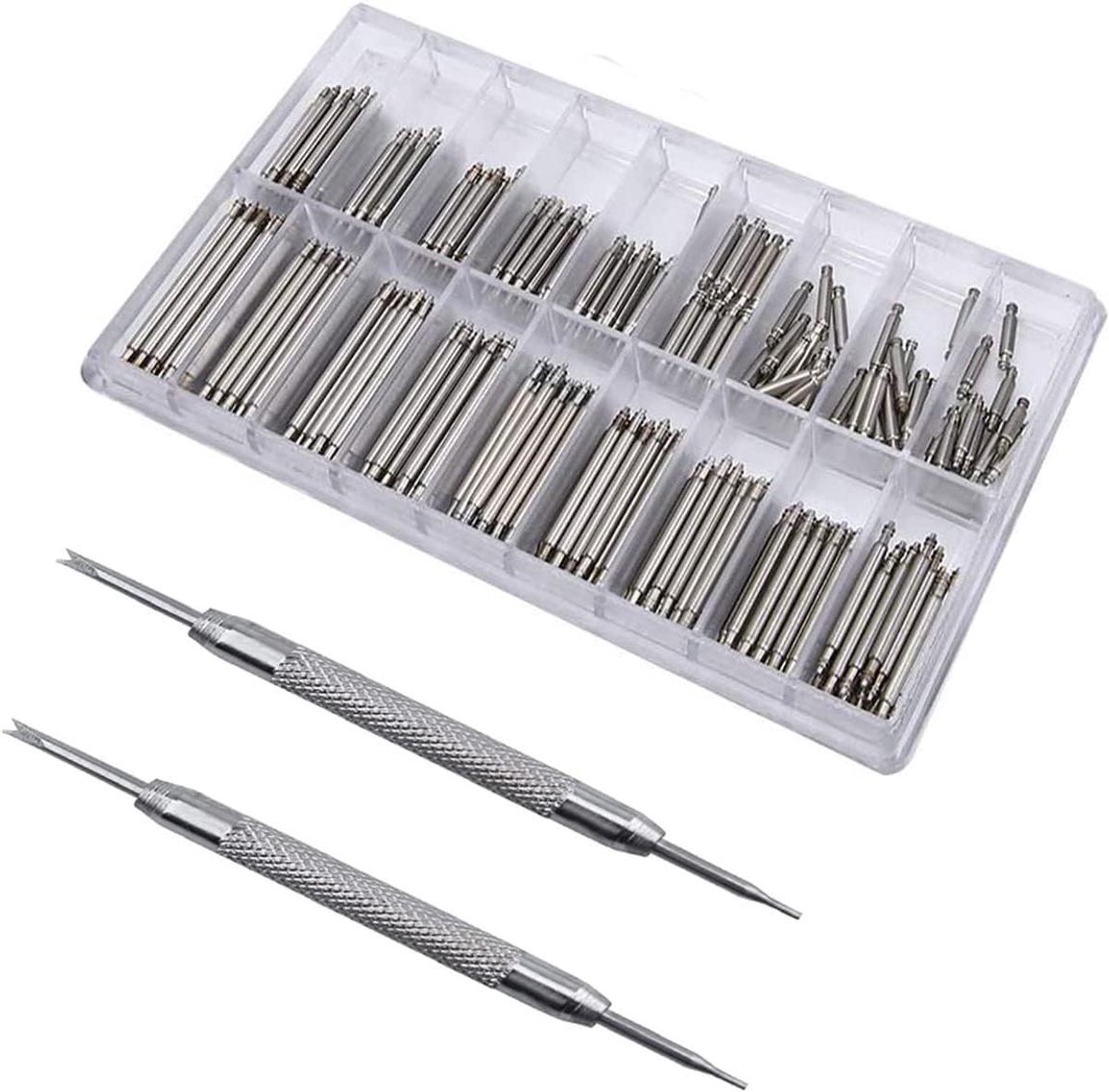 Horlogebandjes set van 360 stuks in roestvrij staal met veerbars - Materiaal horlogeband linkpins en veerpennen - Horlogeband accessoires in 18 maten - Diameter 1,50 mm