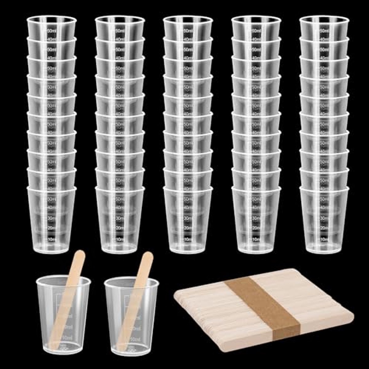 50 stuks Maatbekers 50 ml met Houten Mengstaafjes voor Koken en Verf