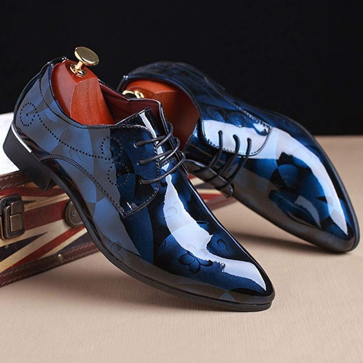 Brenzoos Heren Formele Zakelijke Schoenen met Bloemenpatroon en Glanzende Finish Blauw