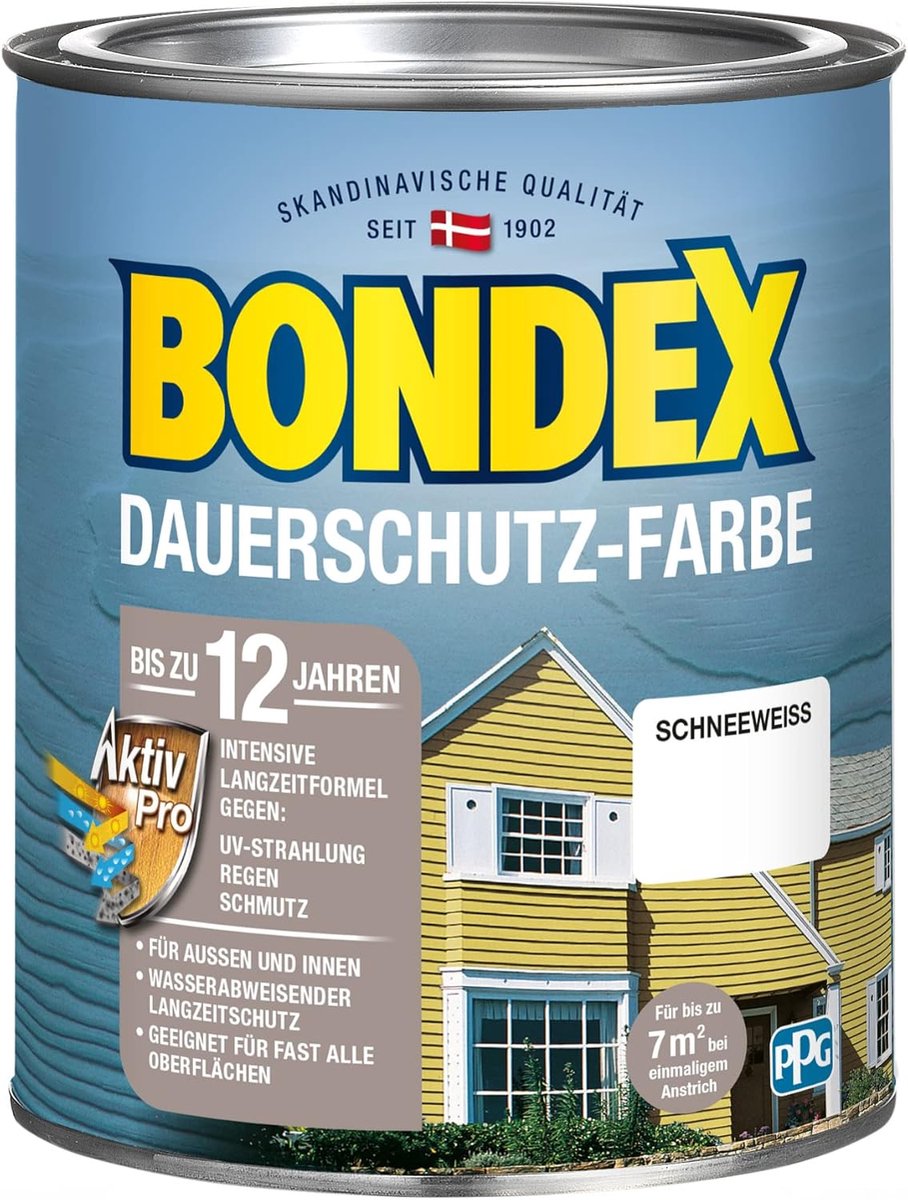 Bondex Permanente Beschermingsverf Sneeuwwit 0,75 L voor 7 m² | Uitstekende kleurstabiliteit | Weer- en UV-bescherming - tot 12 jaar | Zijdeglans | Permanente beschermingsverf | Houtverf