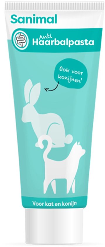 Sanimal Anti-Haarbalpasta tube met witte kat en konijn illustraties, "Ook voor konijnen!" tekst.