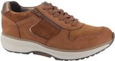 Sneaker marron en daim avec fermeture éclair et lacets, empiècements contrastants et semelle blanche.