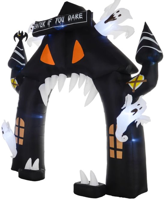 Arche gonflable noire d'Halloween avec des fantômes, des fenêtres orange, des dents blanches et un panneau 'ENTER IF YOU DARE'.