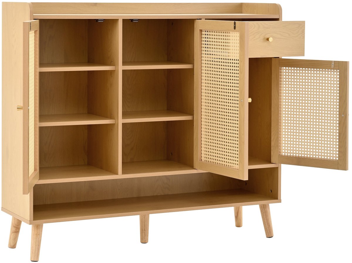 Merax Schoenenkast van Rattan - Schoenenmeubel met 3 Deuren 1 Lade en 5 Planken - Schoenenrek met Massiefhouten Poten en Metaalgrepen - 120x35x106 cm - Naturel