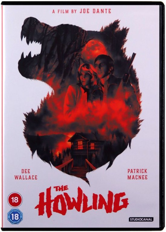 De voorkant van de "The Howling" DVD, met een gevaarlijke wolfskop als omtrek, waarin een bos en een huisje in het rode vuur. Dee Wallace en Patrick Macnee staan vooraan.