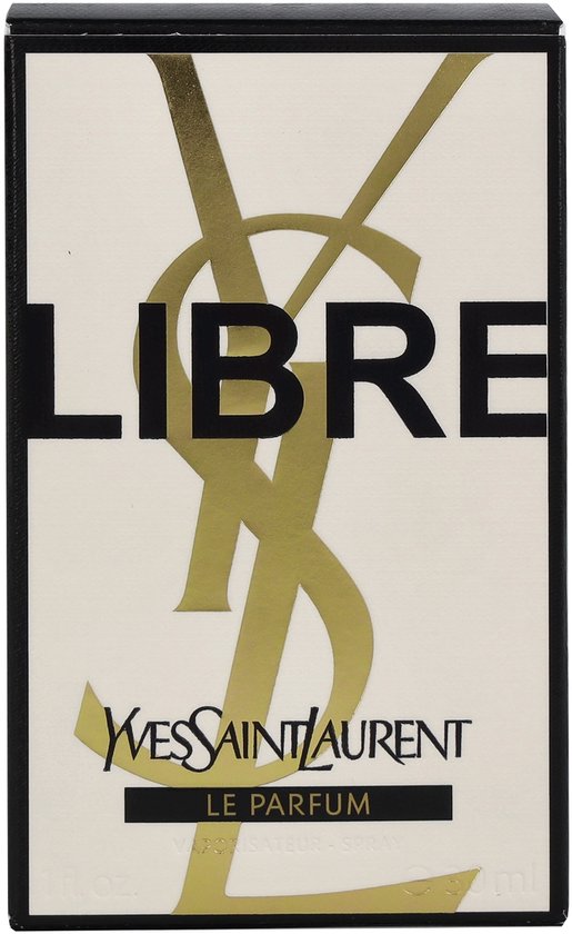 Doosje van YSL Libre Le Parfum met goudkleurig YSL logo op crèmekleurige achtergrond.