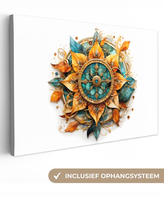 Tableau sur toile 150x100 cm - Décoration murale Mandala - Blauw - Or - Boussole - Wit - Décoration murale salon - Décoration chambre - Accessoires chambre - Peintures