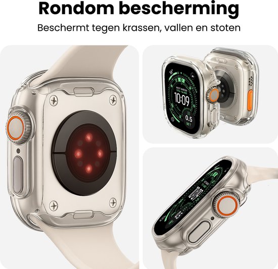 Close-up van de achterkant van een Apple Watch Ultra 3 met transparante beschermhoes. Toont hartslagsensoren en de behuizing.