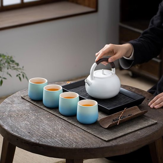 Japanse keramische theekopjes design, set van 4 keramische theepotten in Japanse stijl zen traditioneel handgemaakt cadeau voor thuiskantoor (donkergroen