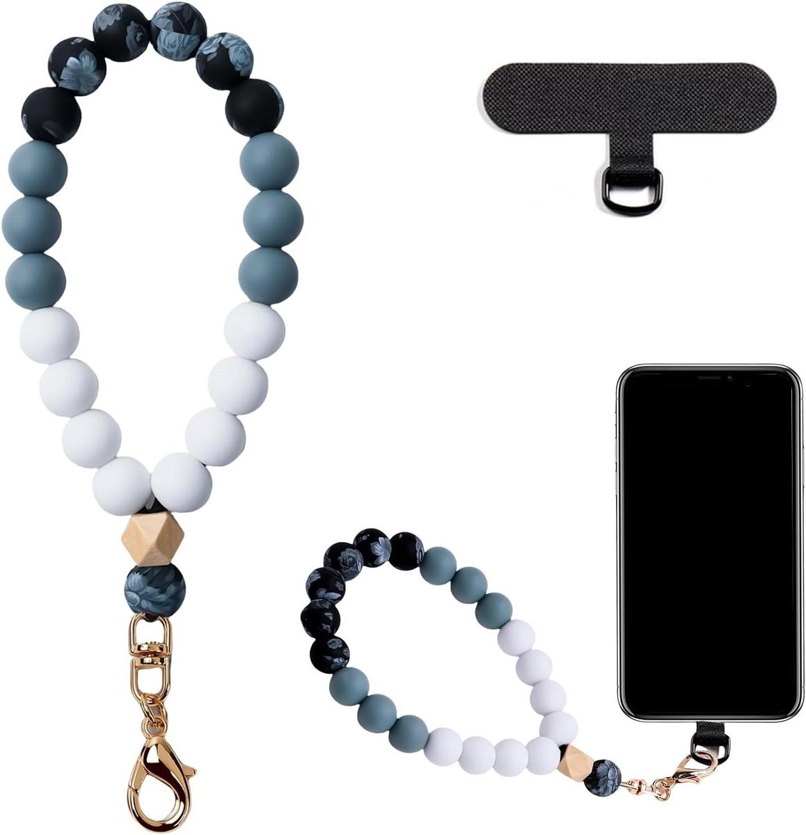 Telefoonketting met parels en polsband voor veilig dragen van mobiele telefoon