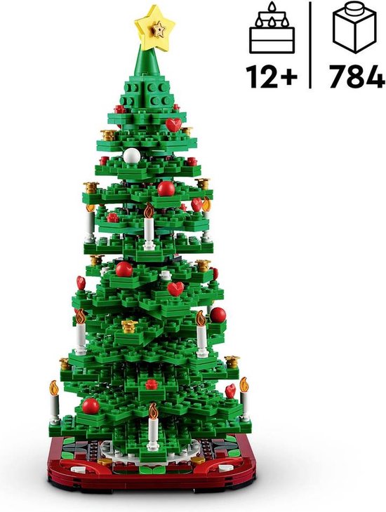 Sapin de Noël LEGO vert orné de boules rouges, bougies blanches et étoile jaune. 12+ 784.