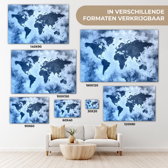 Wereldkaart avec peinture bleue et bleu foncé sur fond avec motif texturé 60x40 cm