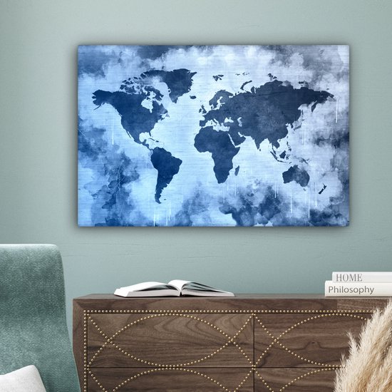 Wereldkaart avec peinture bleue et bleu foncé sur fond avec motif texturé 60x40 cm