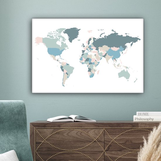Wereldkaart avec des pays de différentes couleurs pastel sur fond blanc 90x60 cm